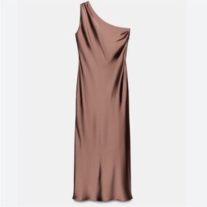 Zara One-Shoulder Satin Slip Dress in Copper bronze color